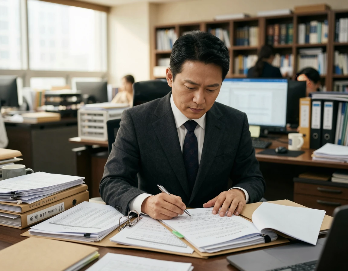 서류를 분석하며 사기죄 성립 요건을 검토하는 전문가