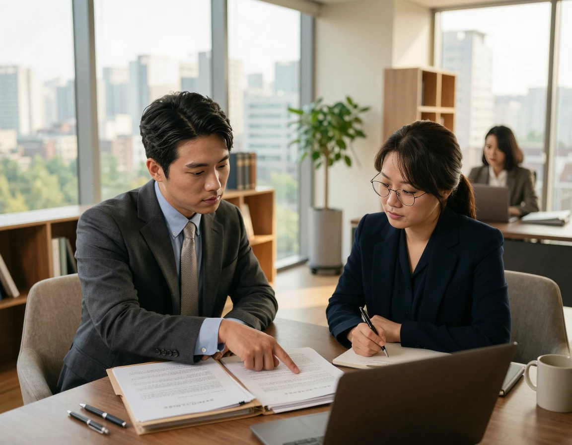 현대적인 사무실에서 변호사와 진지하게 증거 서류를 상담하는 모습