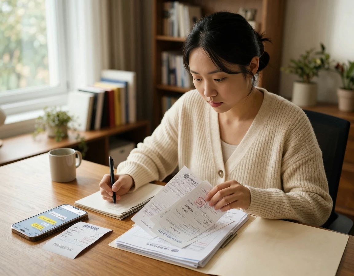 영수증과 진단서, 스마트폰 메신저 화면을 꼼꼼히 챙기는 모습