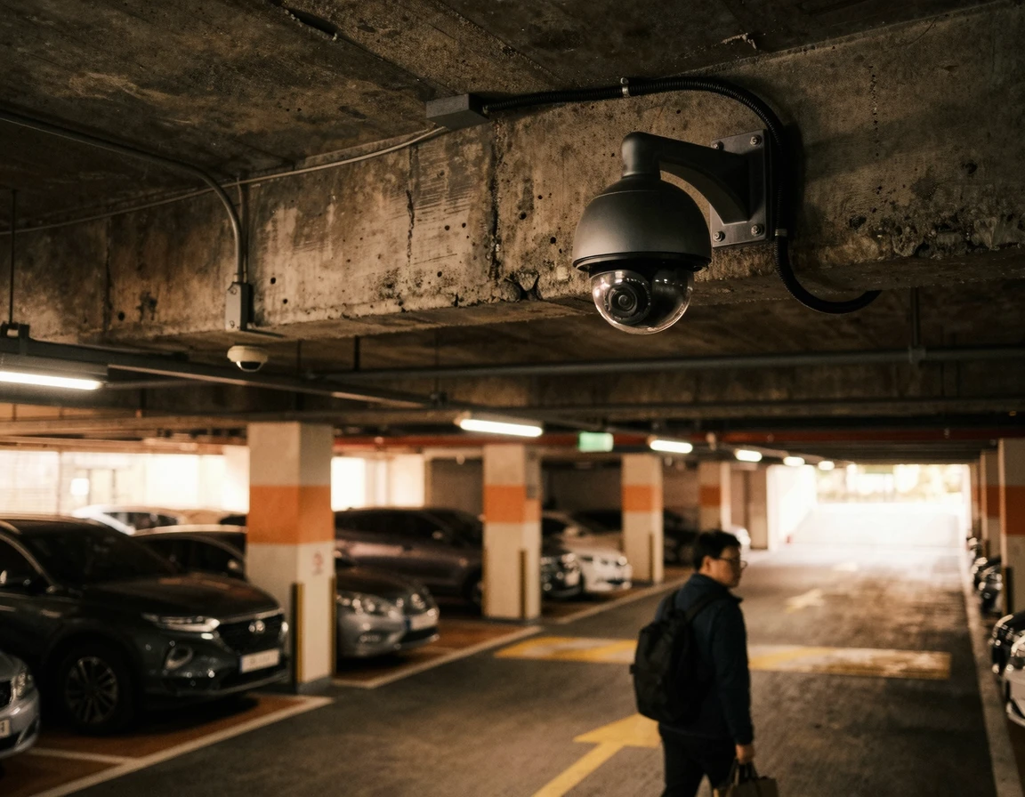 실내 주차장 천장에 설치된 방범용 CCTV 카메라