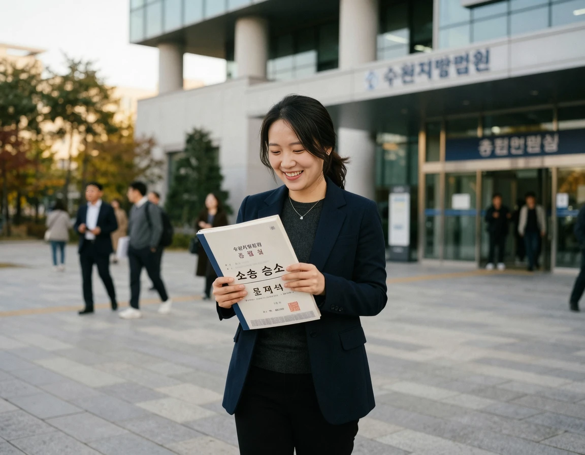 법원 앞에서 서류를 들고 안도하는 모습