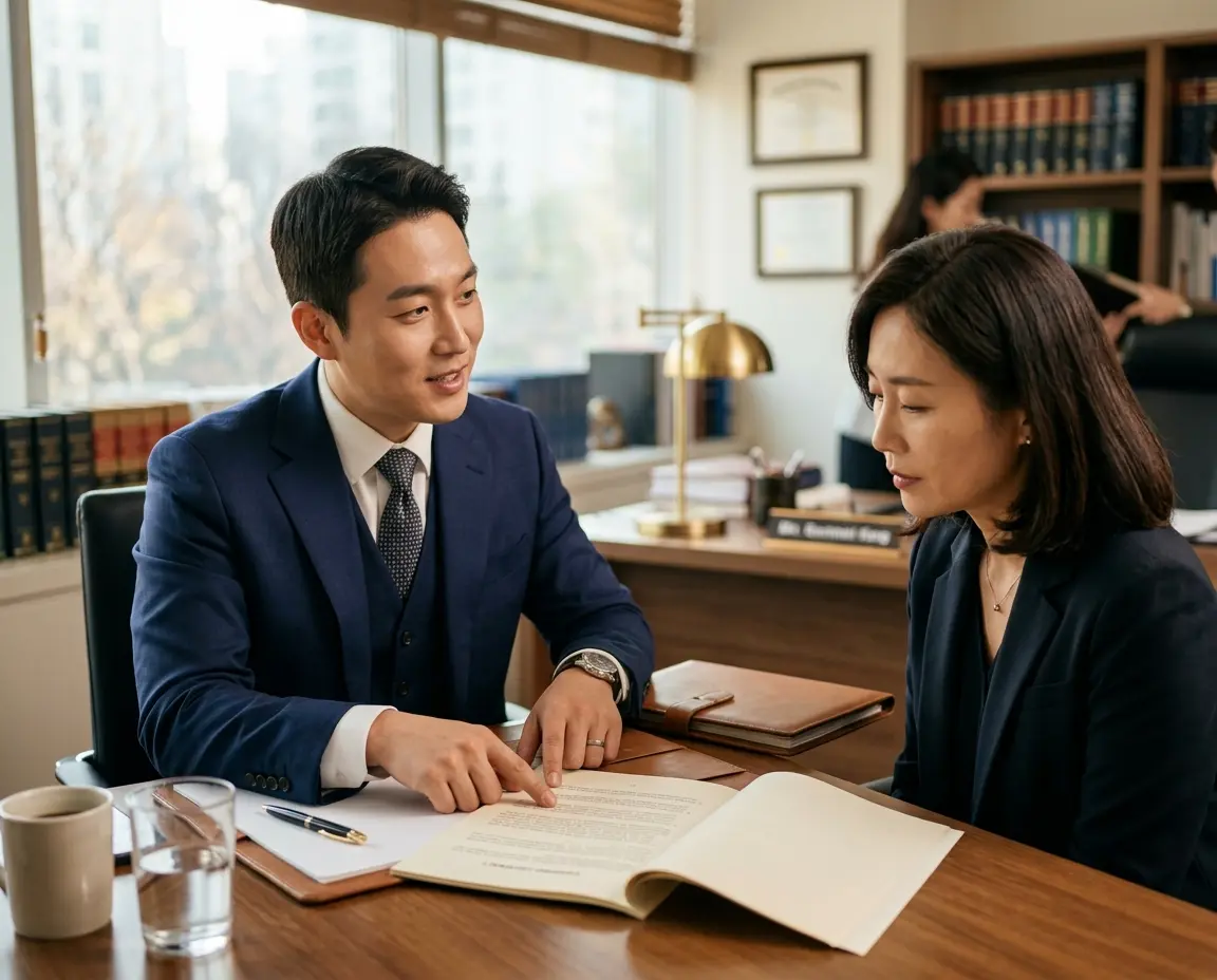 변호사와 상담하며 면책 조건을 확인하는 모습