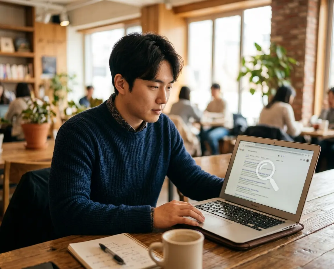 노트북으로 채무자의 신용정보 및 재산조회 방법을 검색하는 모습