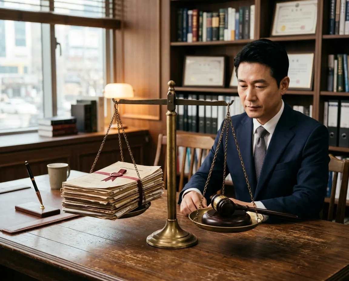 노동청 진정과 민사소송을 비교하는 저울과 법률 서류