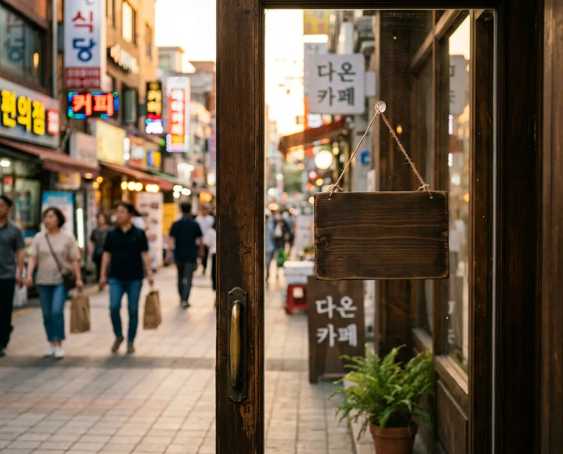 유리문에 걸려있는 폐업 안내 팻말