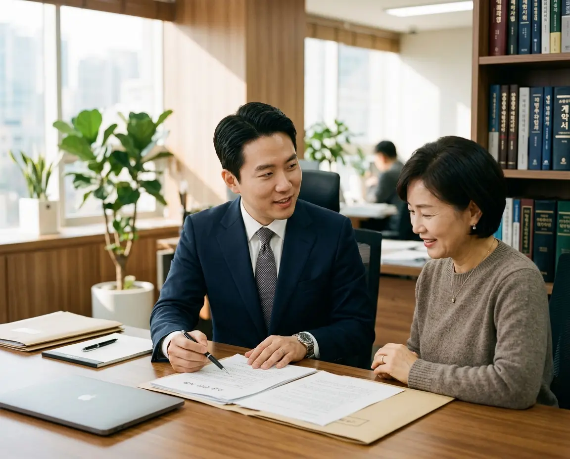 변호사가 의뢰인에게 대표이사 개인 청구 법리를 설명하는 모습