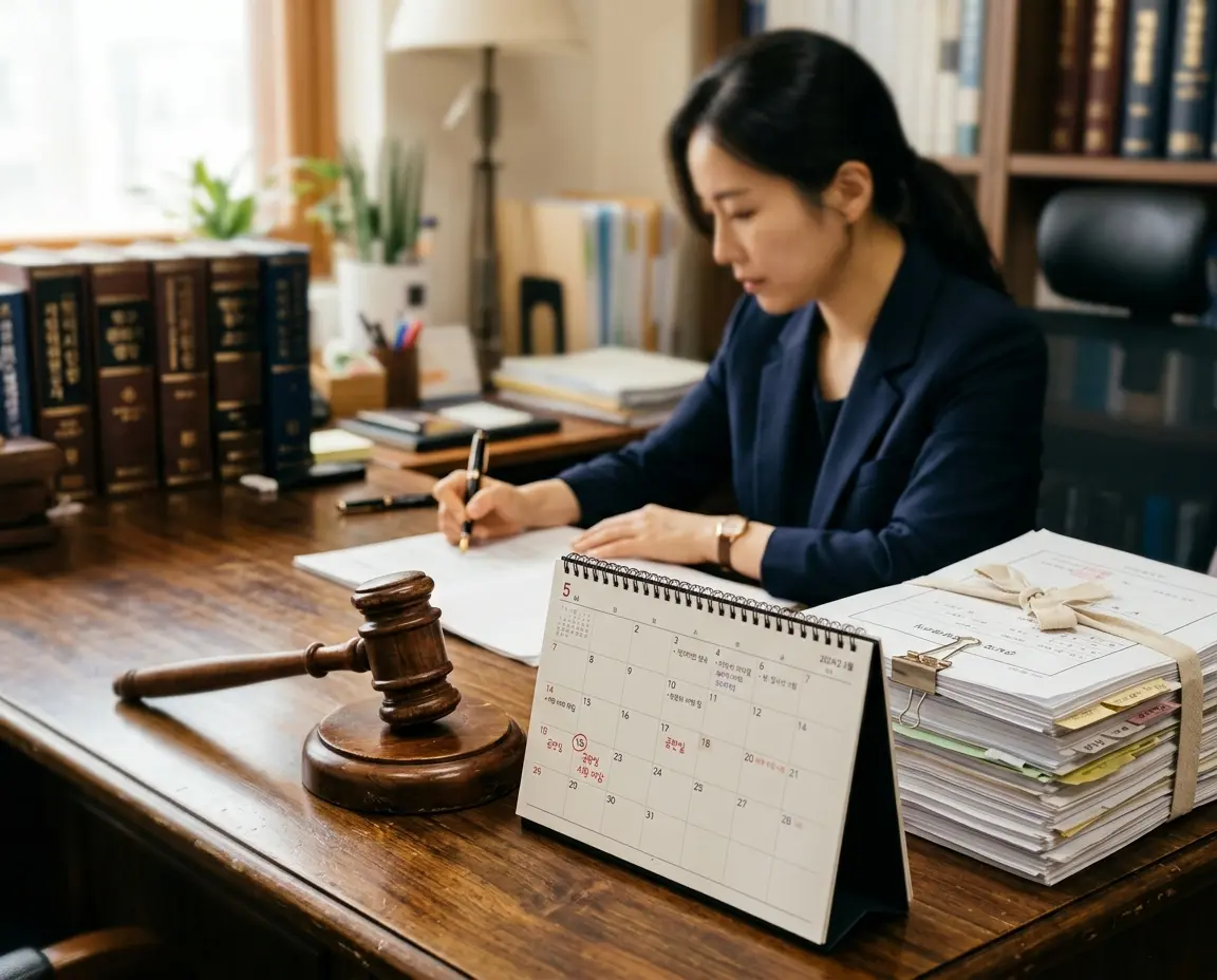 법사치와 달력이 놓여있는 재판 관련 이미지