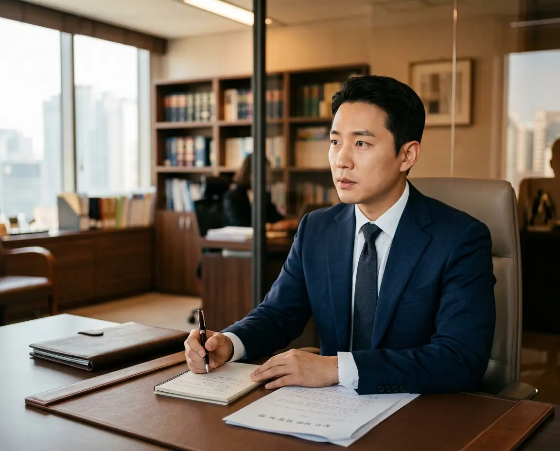 법률 사무소에서 진지하게 상담을 받고 있는 30대 남성