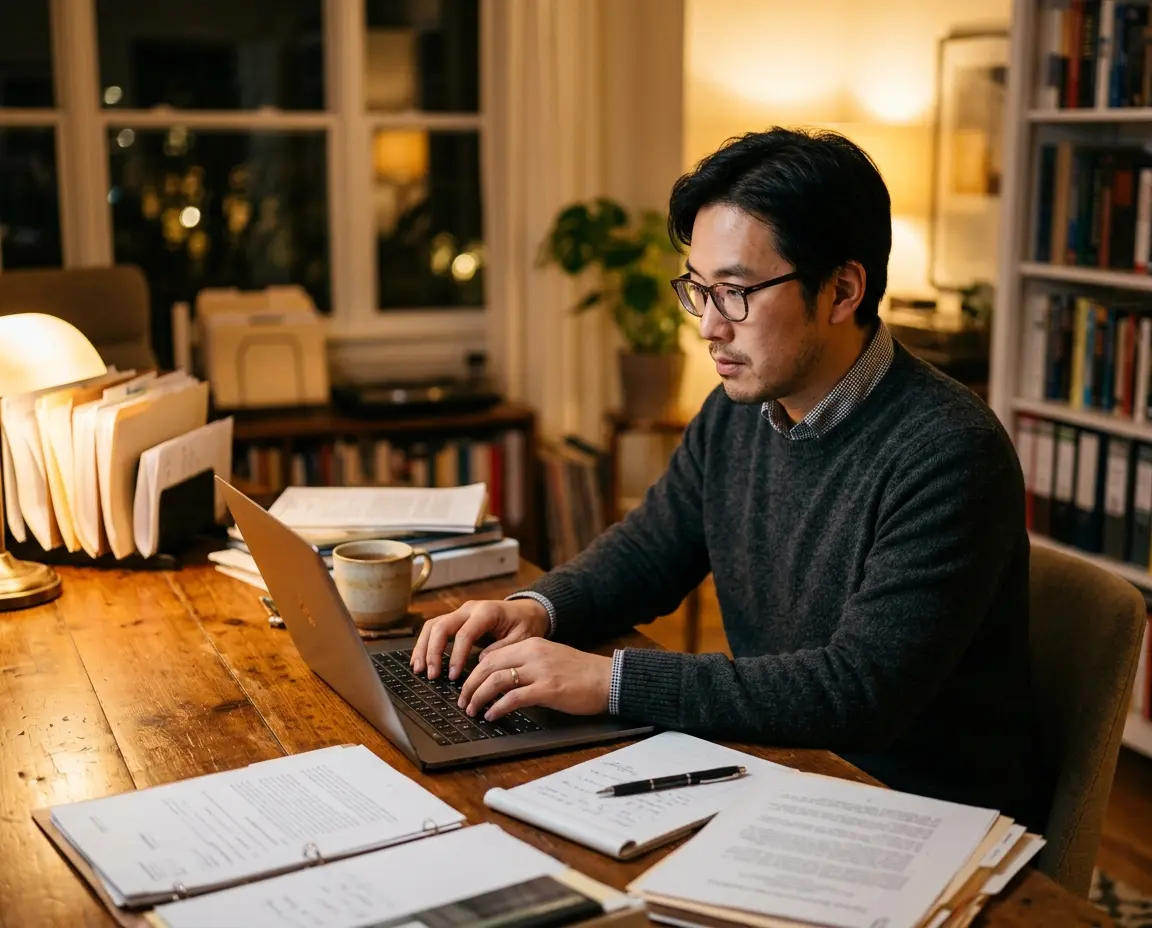 서류를 준비하며 노트북으로 전자소송을 준비하는 모습
