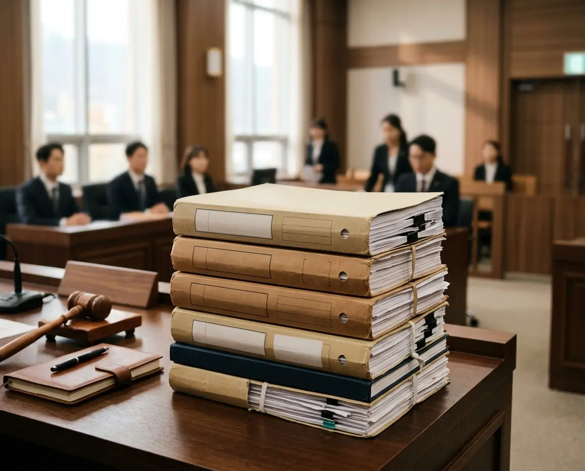 두꺼운 소송 기록과 서류들이 쌓여 있는 책상