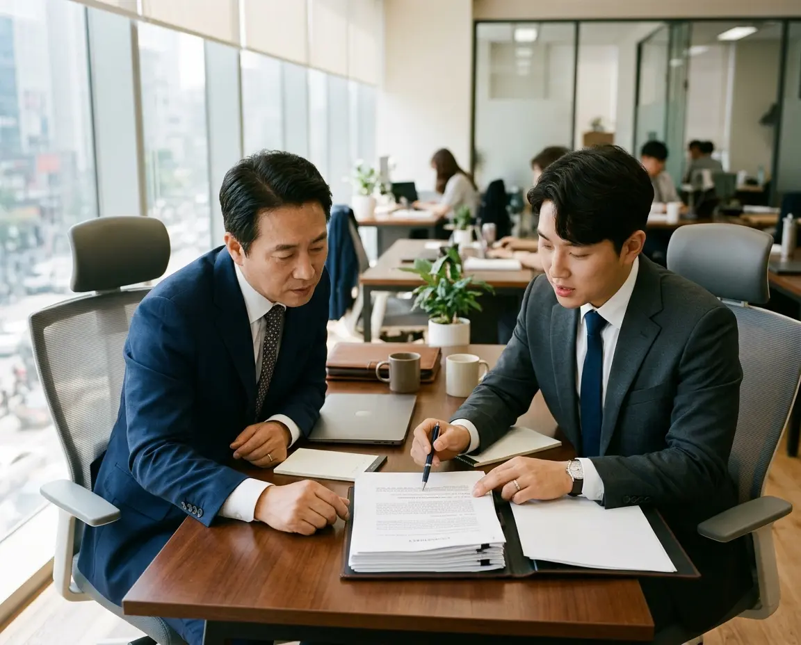 시행사와 시공사의 계약 관계를 검토하는 모습