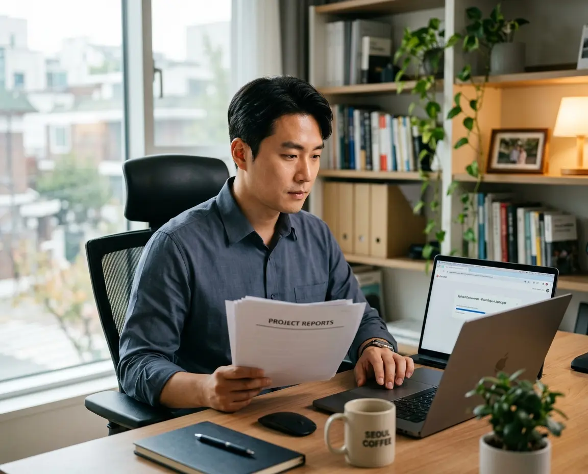 노트북으로 전자소송 시스템에 증거를 업로드하는 남성