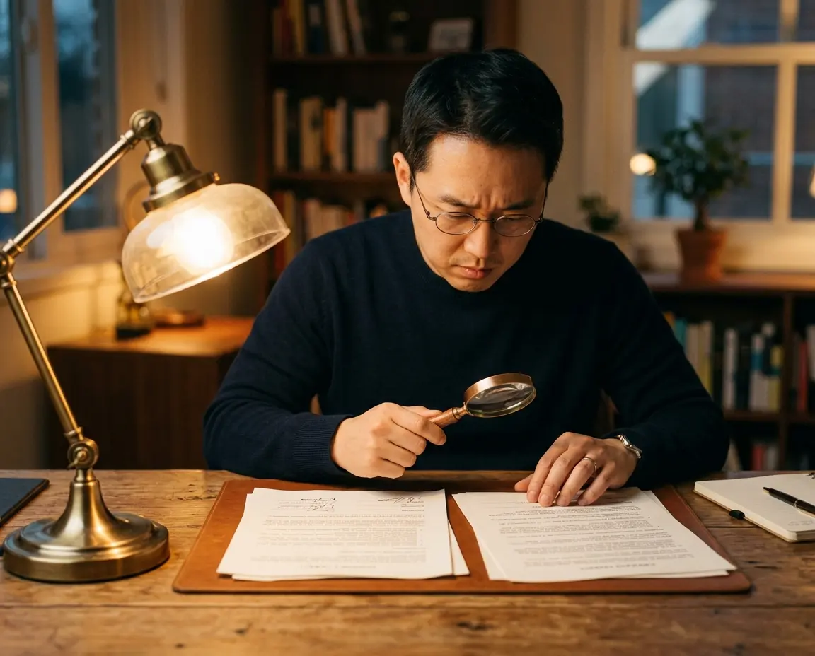 돋보기로 위조 서류와 원본을 비교 분석하는 모습