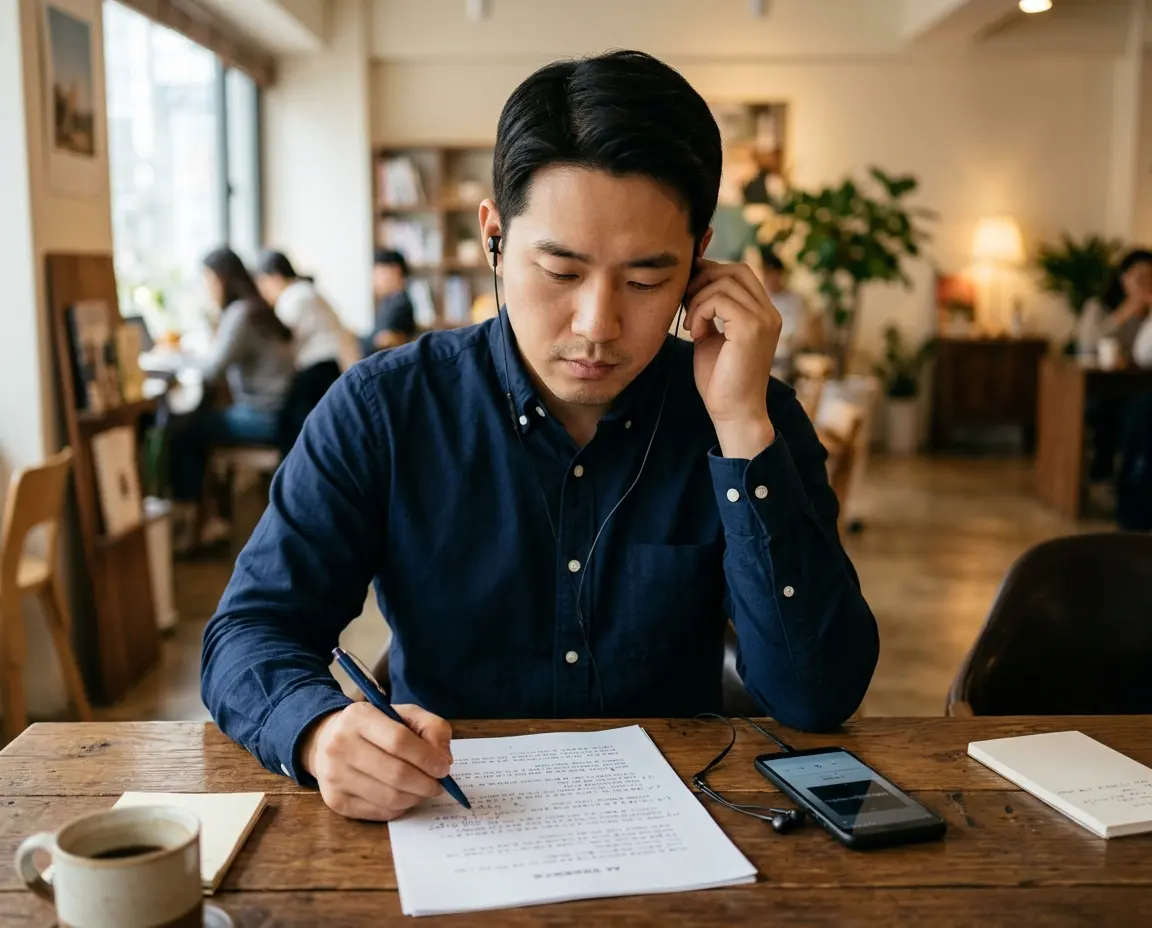 녹취록과 음성 파일을 주의 깊게 검토하는 남성