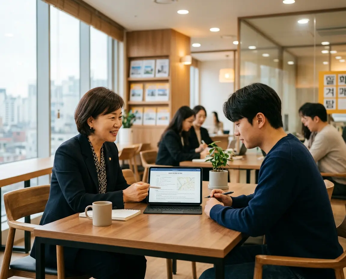 부동산 중개소에서 계약 조건을 논의하는 두 사람